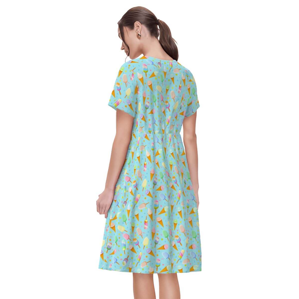 Back view of a mint ice cream t-shirt dress with a colorful ice cream pattern, perfect for summer wear in a relaxed fit.