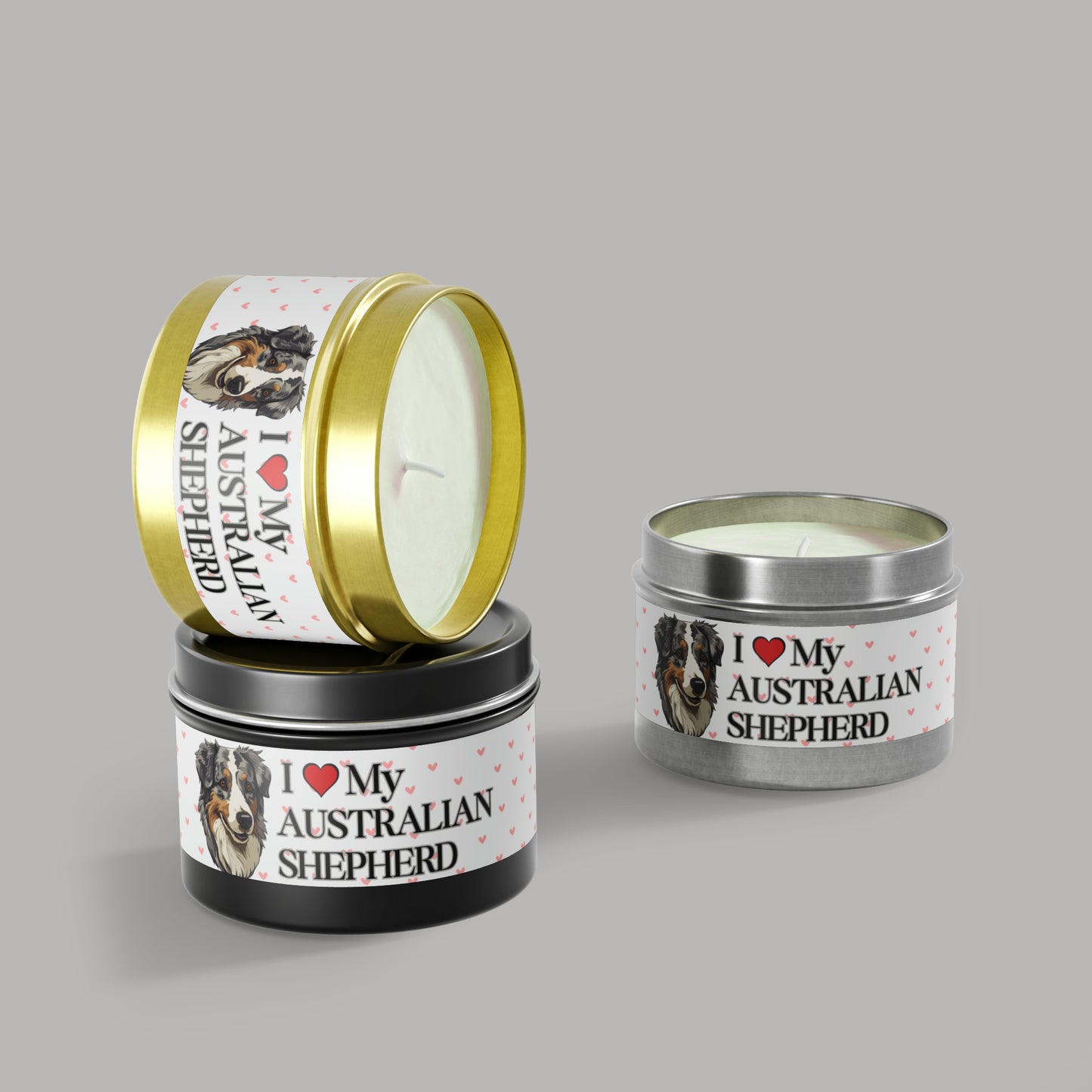 "I Love My Australian Shepherd" Valentine's Day Tin Candles, Australian Shepherd Candle, Australian Shepherd Dog Candles, Dog Love Candle - Love & Paws Collection