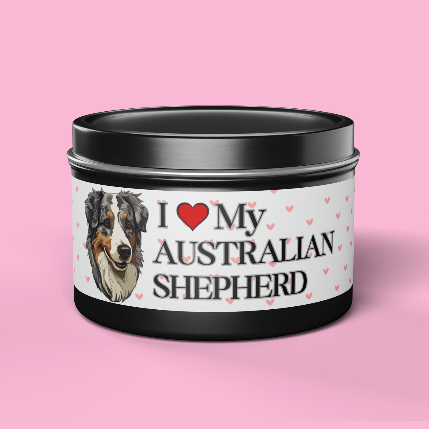 "I Love My Australian Shepherd" Valentine's Day Tin Candles, Australian Shepherd Candle, Australian Shepherd Dog Candles, Dog Love Candle - Love & Paws Collection