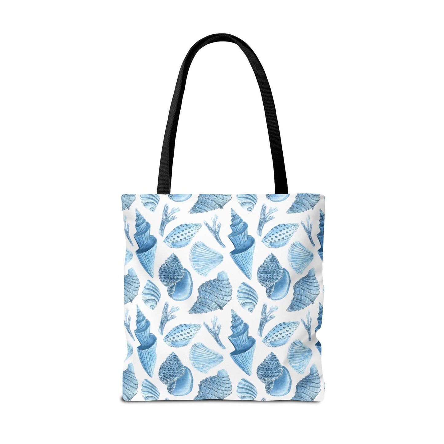 Beachy tote bag with ocean seashells print, perfect for eco-friendly outings and stylish beach trips.