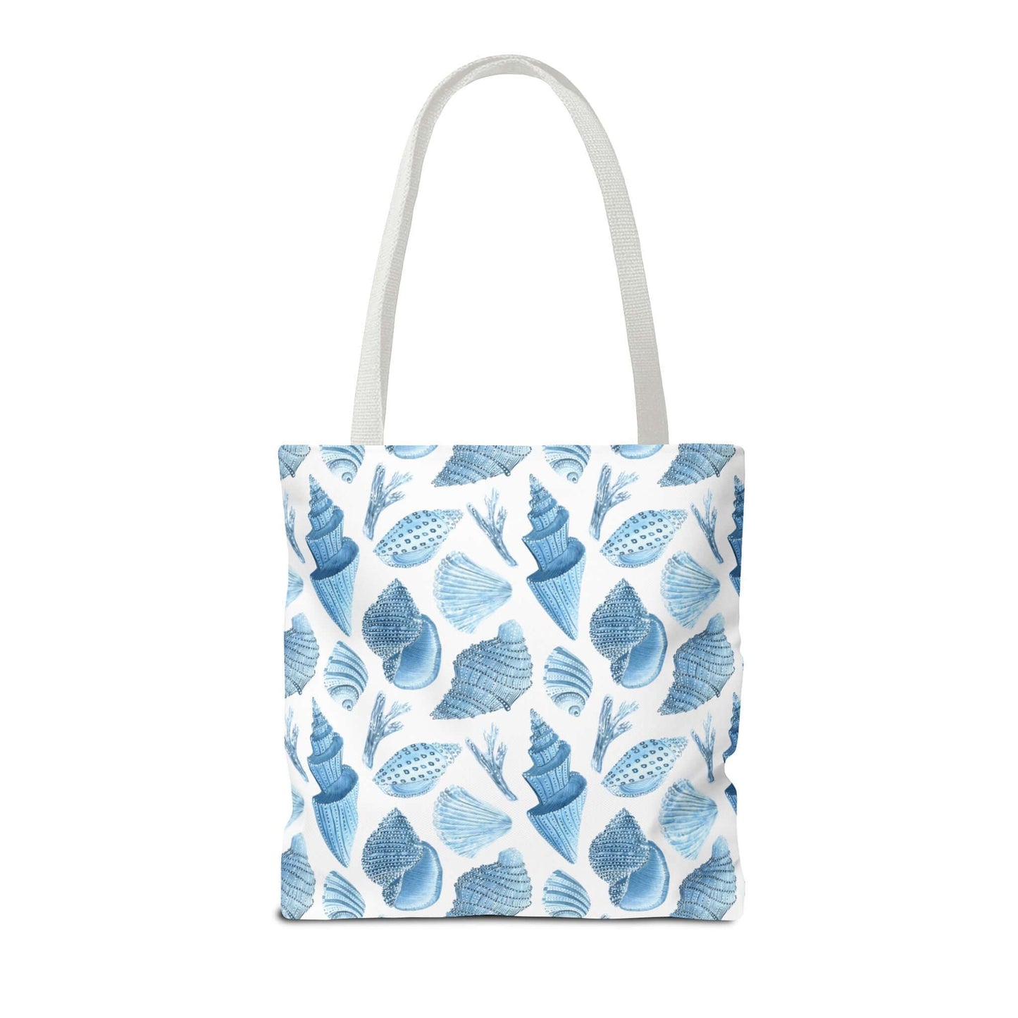 Beachy tote bag with ocean seashells print, eco-friendly and perfect for beach outings.