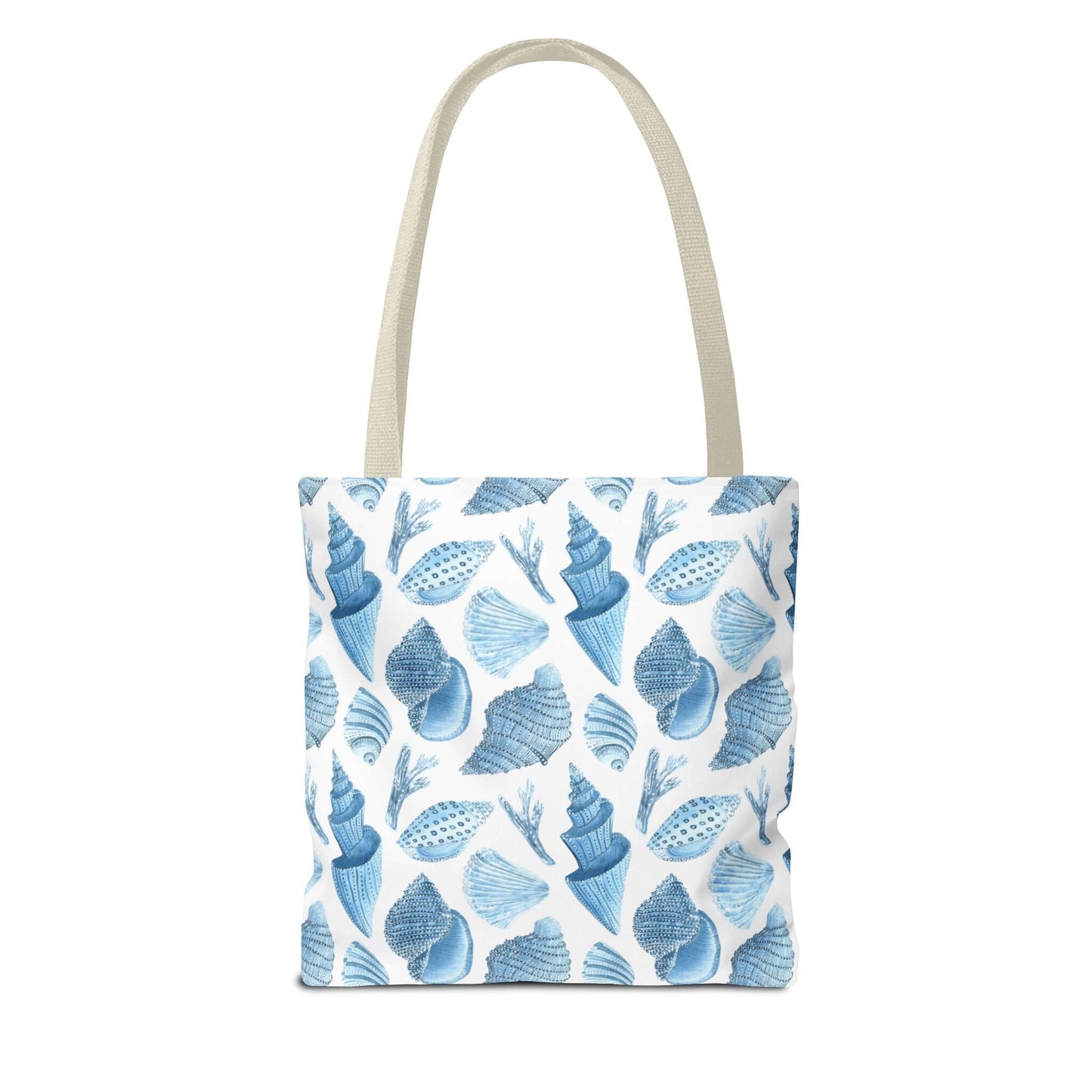 Beachy tote bag featuring whimsical ocean seashells print in blue on a white background, perfect for eco-friendly outings.