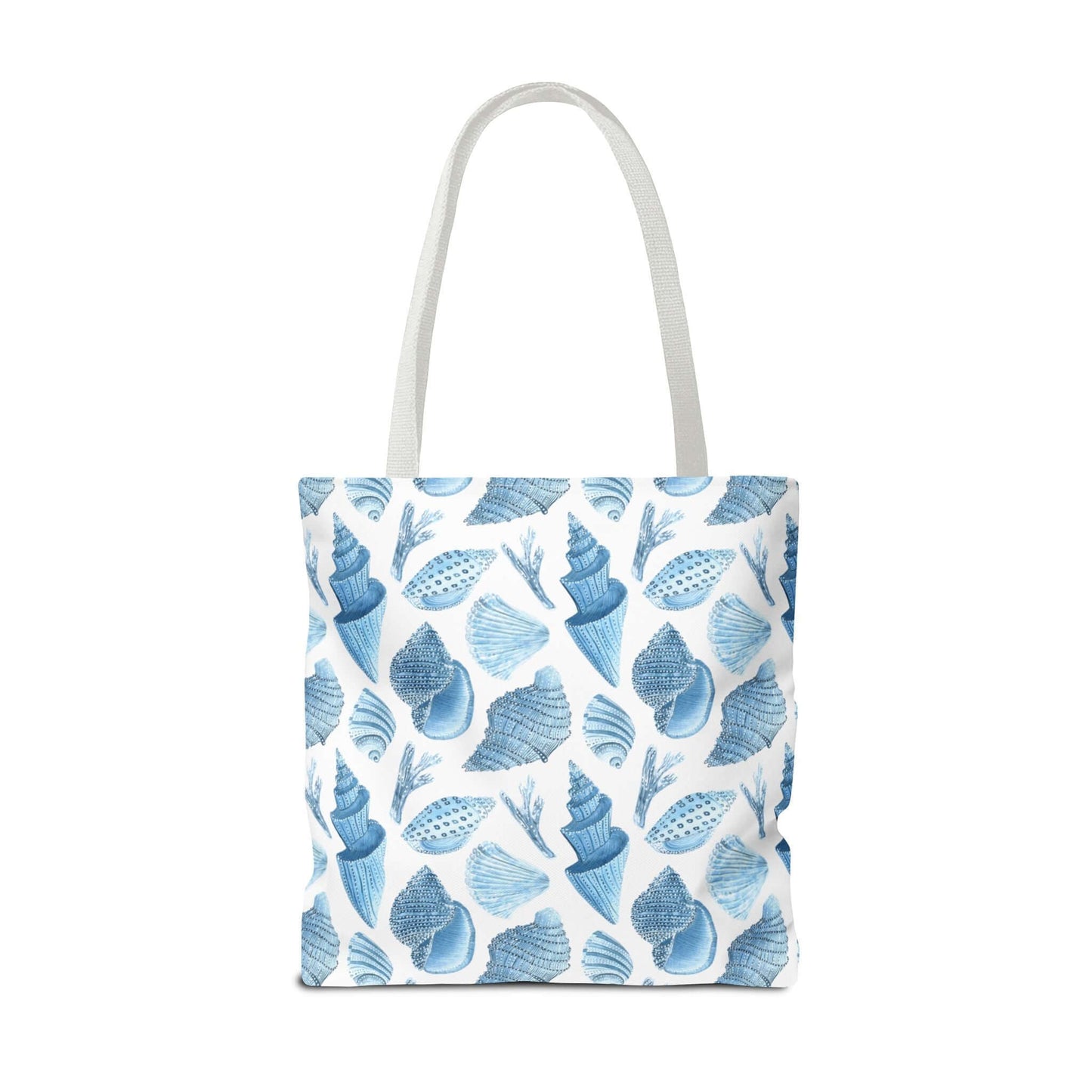 Beachy tote bag featuring a whimsical ocean seashells print in blue and white, perfect for eco-friendly outings.