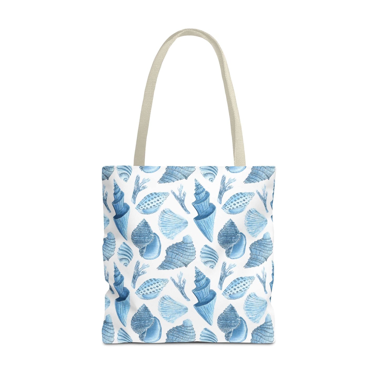 Beachy tote bag with ocean seashells print, perfect for eco-friendly outings and stylish beach trips.