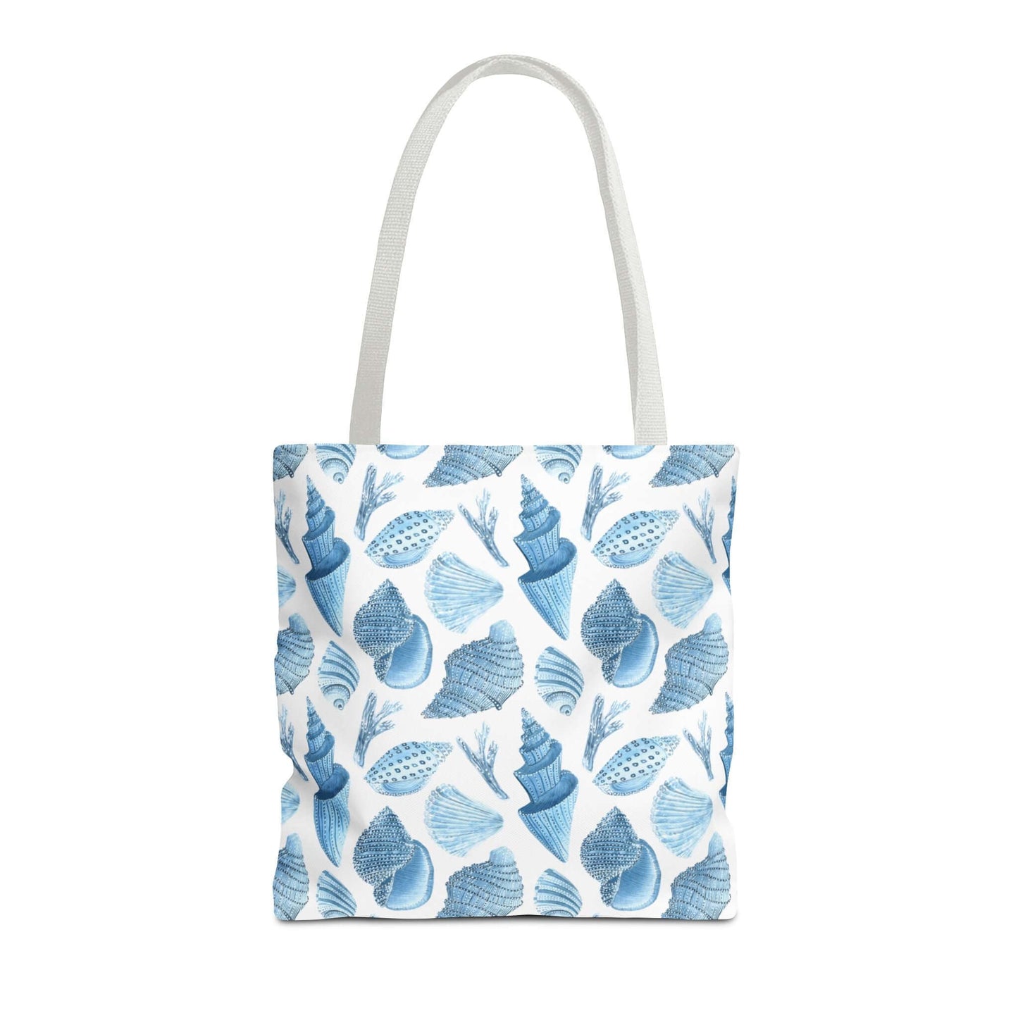 Beachy tote bag with ocean seashells print, perfect for eco-friendly shopping and beach outings.