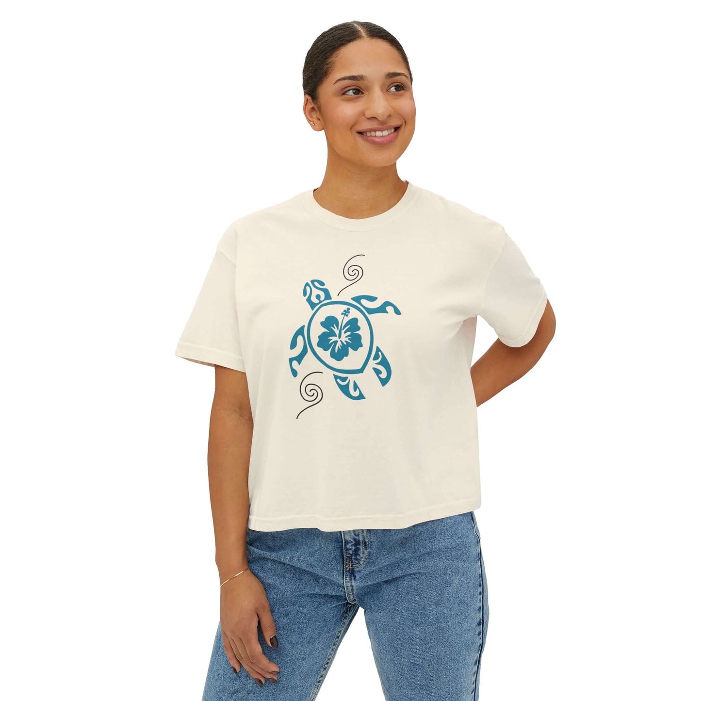 Tropical Turtle Graphic Boxy Tee for women, relaxed fit, beachy design, 100% polyester, available in 3 sizes and 5 colors.