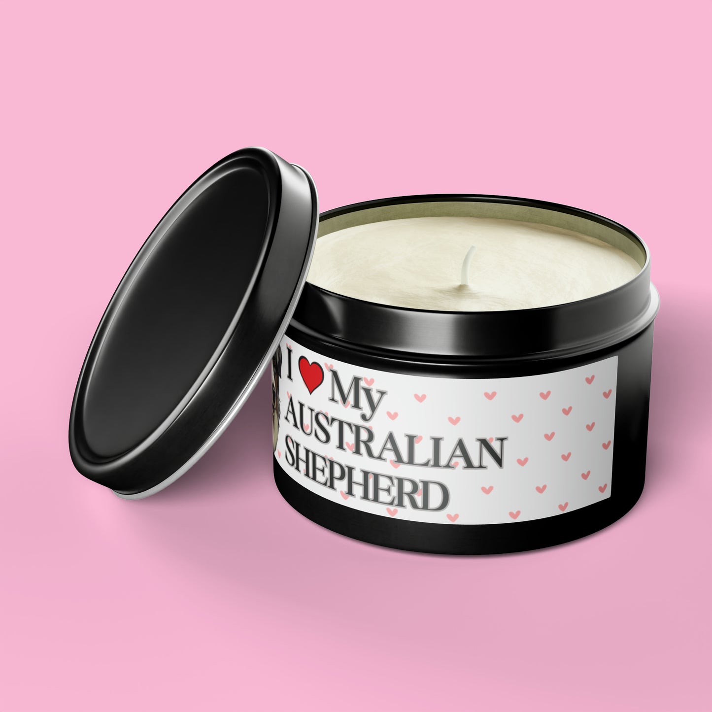 "I Love My Australian Shepherd" Valentine's Day Tin Candles, Australian Shepherd Candle, Australian Shepherd Dog Candles, Dog Love Candle - Love & Paws Collection