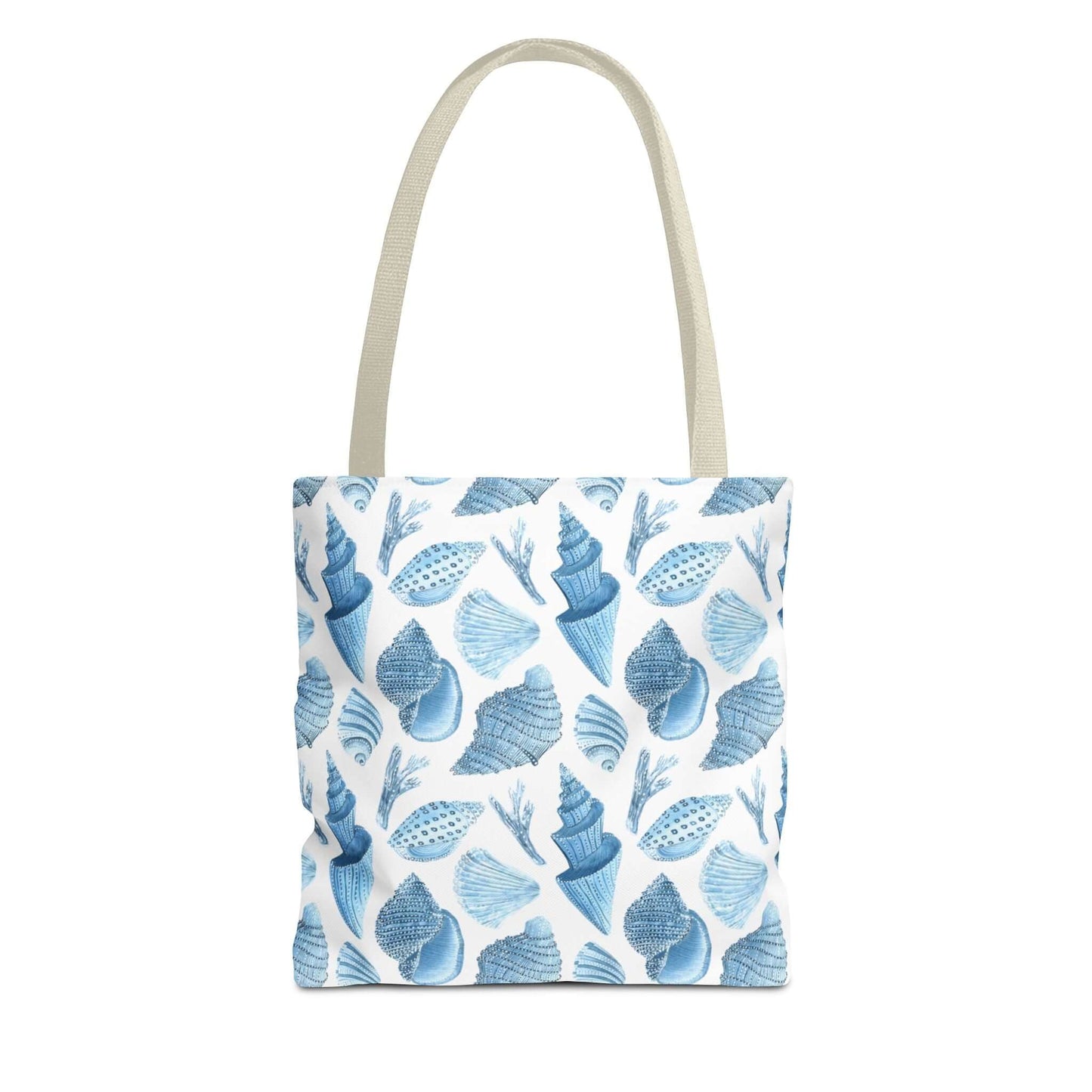 Beachy tote bag with ocean seashells print, perfect for beach outings and eco-friendly shopping.