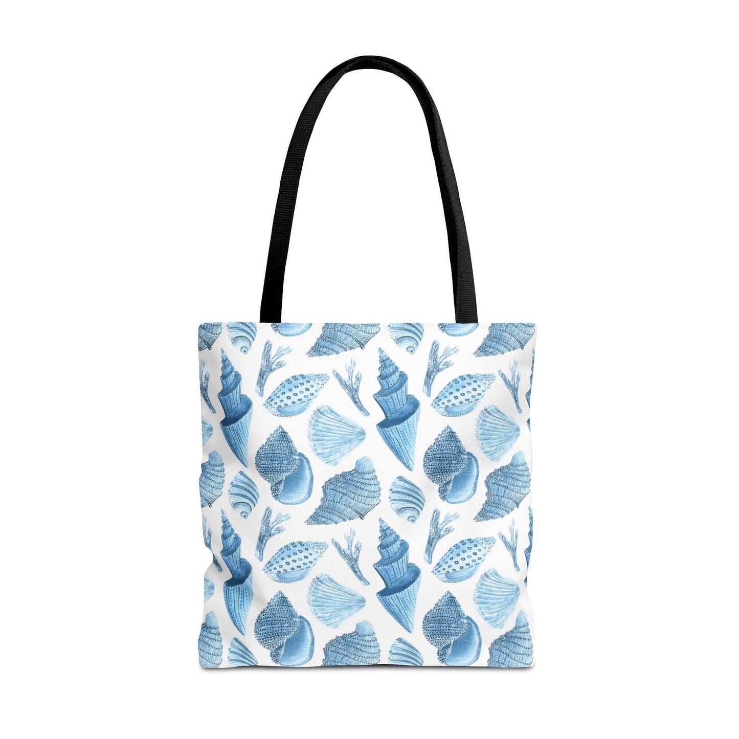 Beachy tote bag with ocean seashells print, perfect for eco-friendly shopping or beach trips.