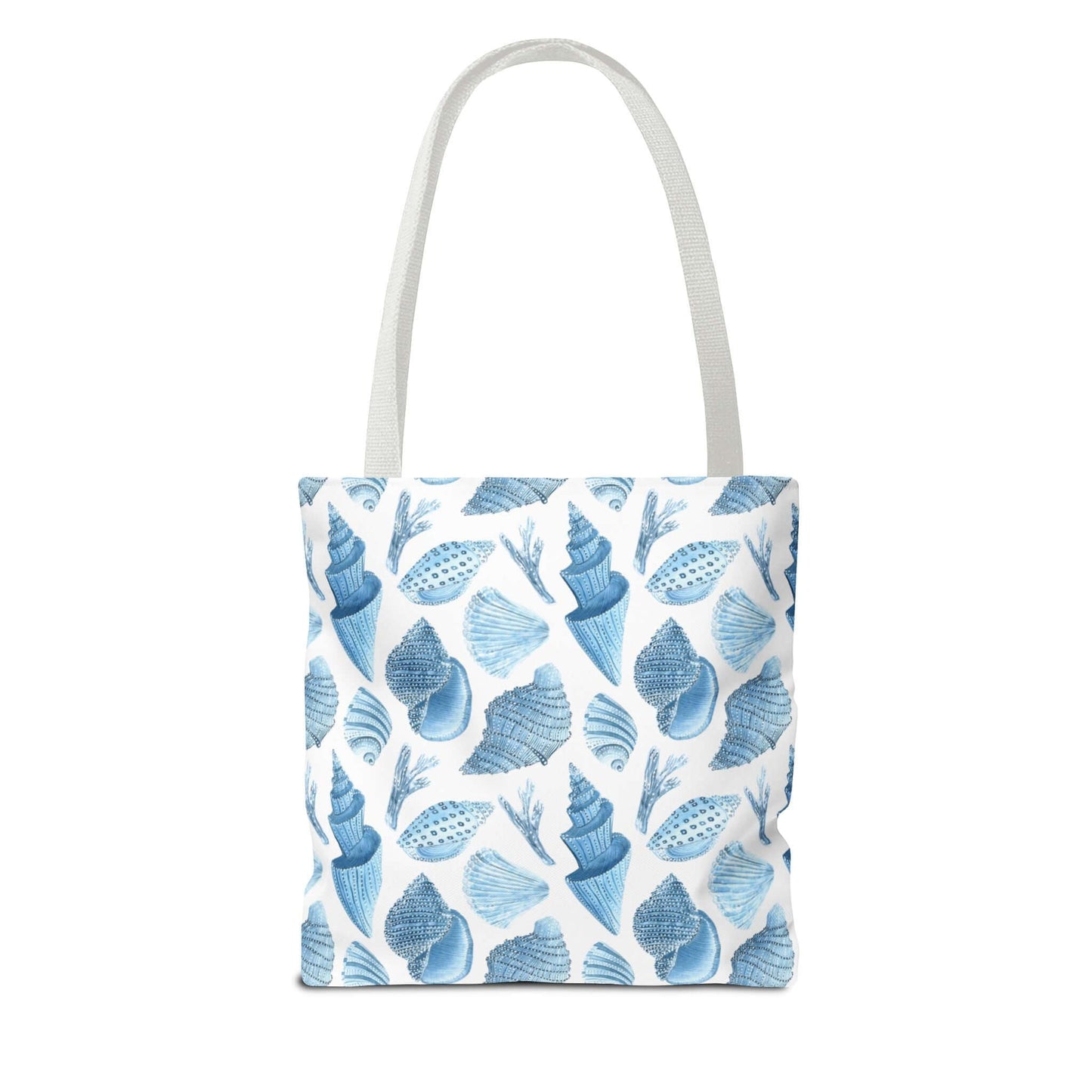 Eclectic Beachy Tote Bag with blue ocean seashells print, perfect for eco-friendly outings and summer vibes.