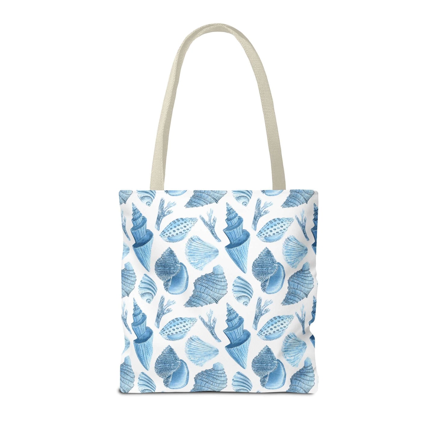 Beachy tote bag featuring a whimsical blue ocean seashells print on a white background.