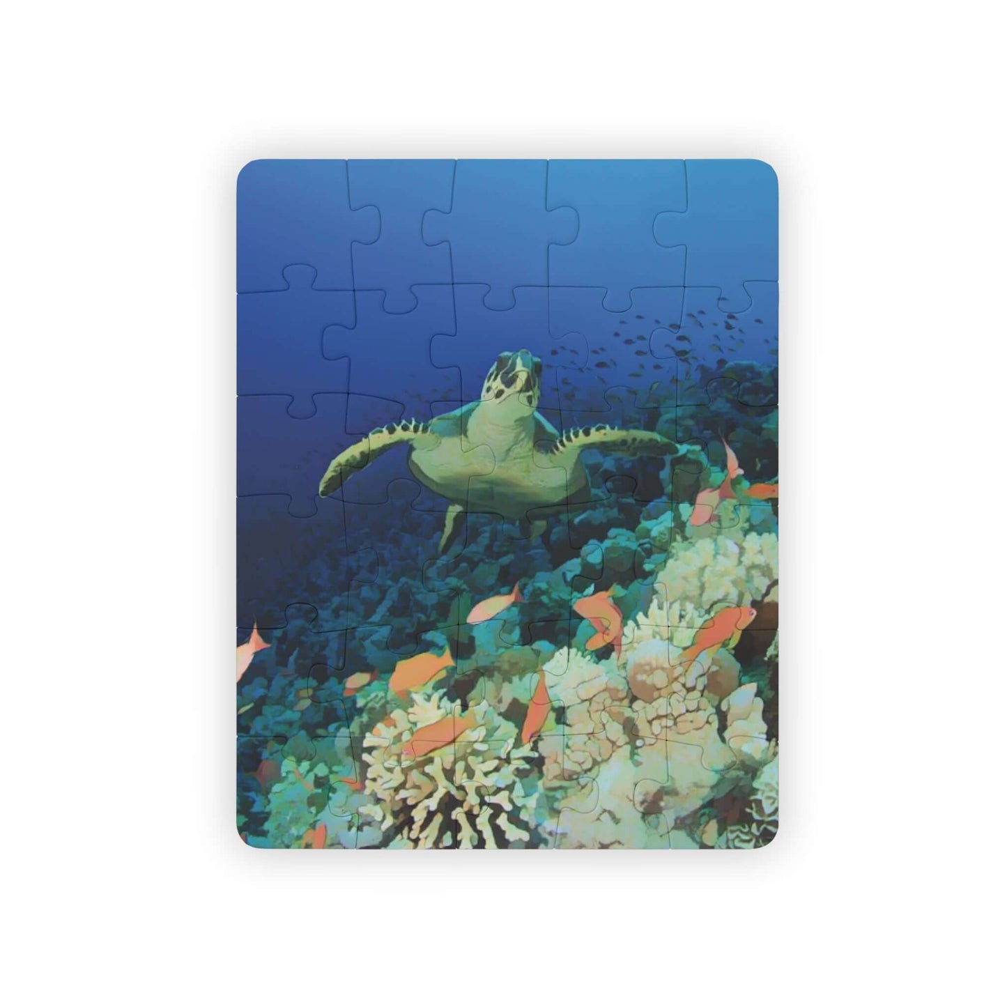 Colorful underwater puzzle featuring a sea turtle and vibrant coral reef, perfect for kids' learning and play.