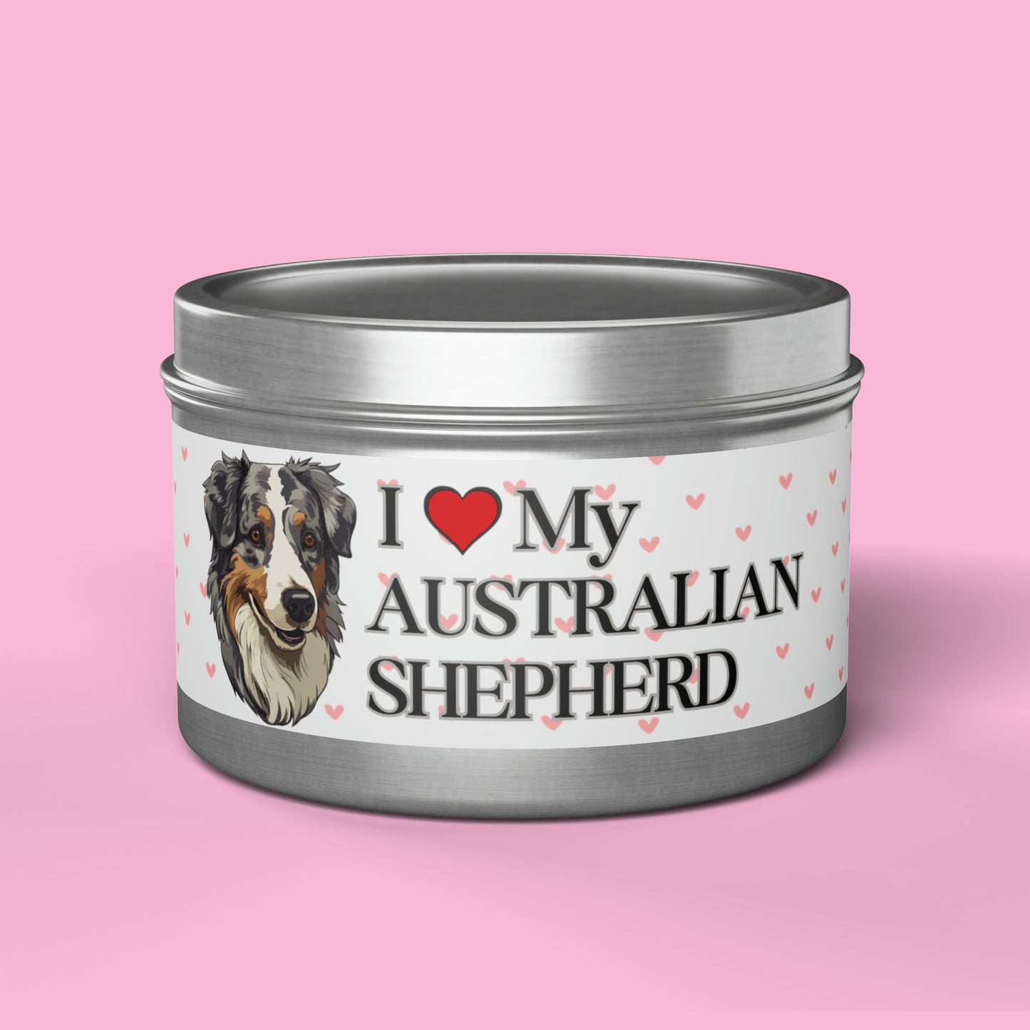 "I Love My Australian Shepherd" Valentine's Day Tin Candles, Australian Shepherd Candle, Australian Shepherd Dog Candles, Dog Love Candle - Love & Paws Collection