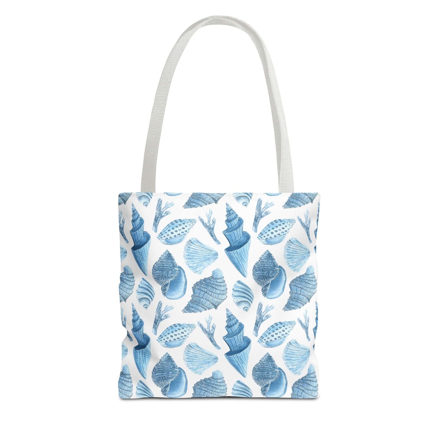 Beachy tote bag featuring a whimsical ocean seashells design in blue tones, perfect for eco-friendly outings.