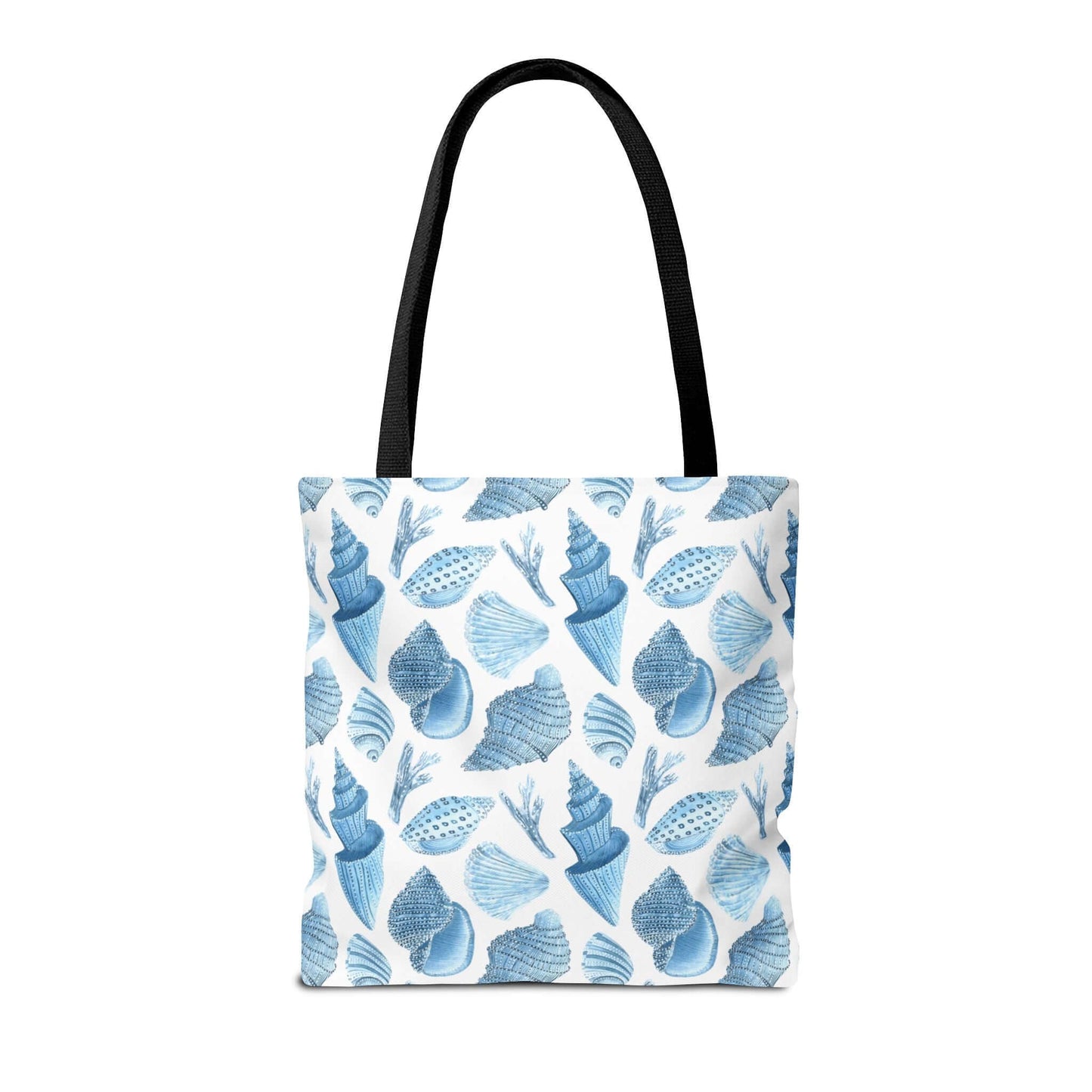 Beachy tote bag featuring a whimsical ocean seashells print in blue, perfect for eco-friendly outings.