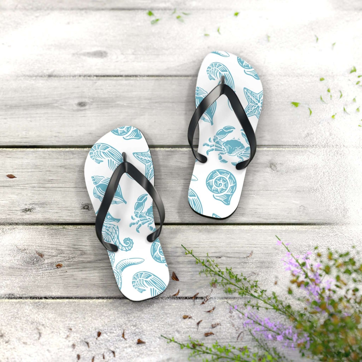 Turtle Beachy Flip Flops with nautical shell print on wooden background, perfect for summer outings.