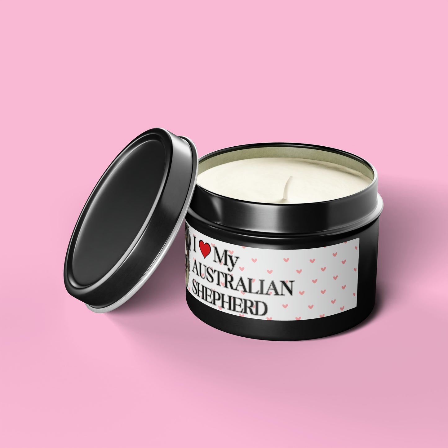 "I Love My Australian Shepherd" Valentine's Day Tin Candles, Australian Shepherd Candle, Australian Shepherd Dog Candles, Dog Love Candle - Love & Paws Collection