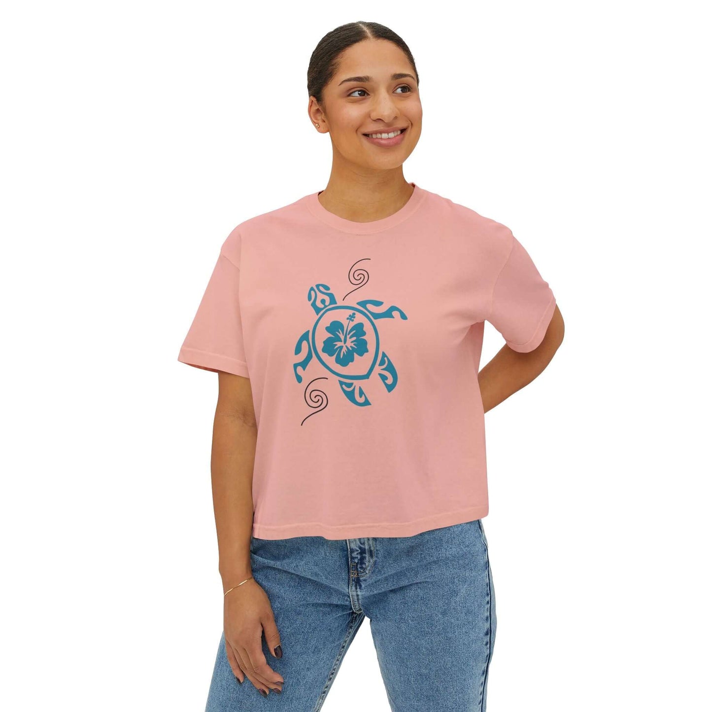 Tropical Turtle Graphic Boxy Tee for women, relaxed fit, 100% polyester, pink with turtle design.