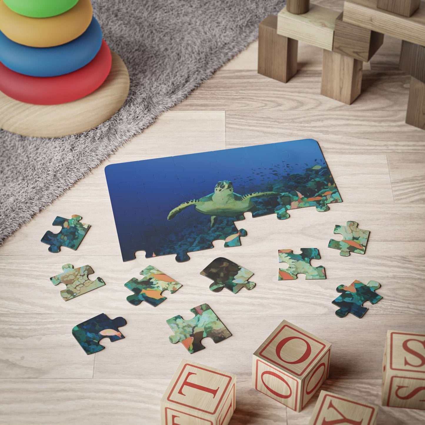 Colorful Underwater Adventure Puzzle featuring sea turtle pieces on a playful floor, promoting marine life learning for kids.