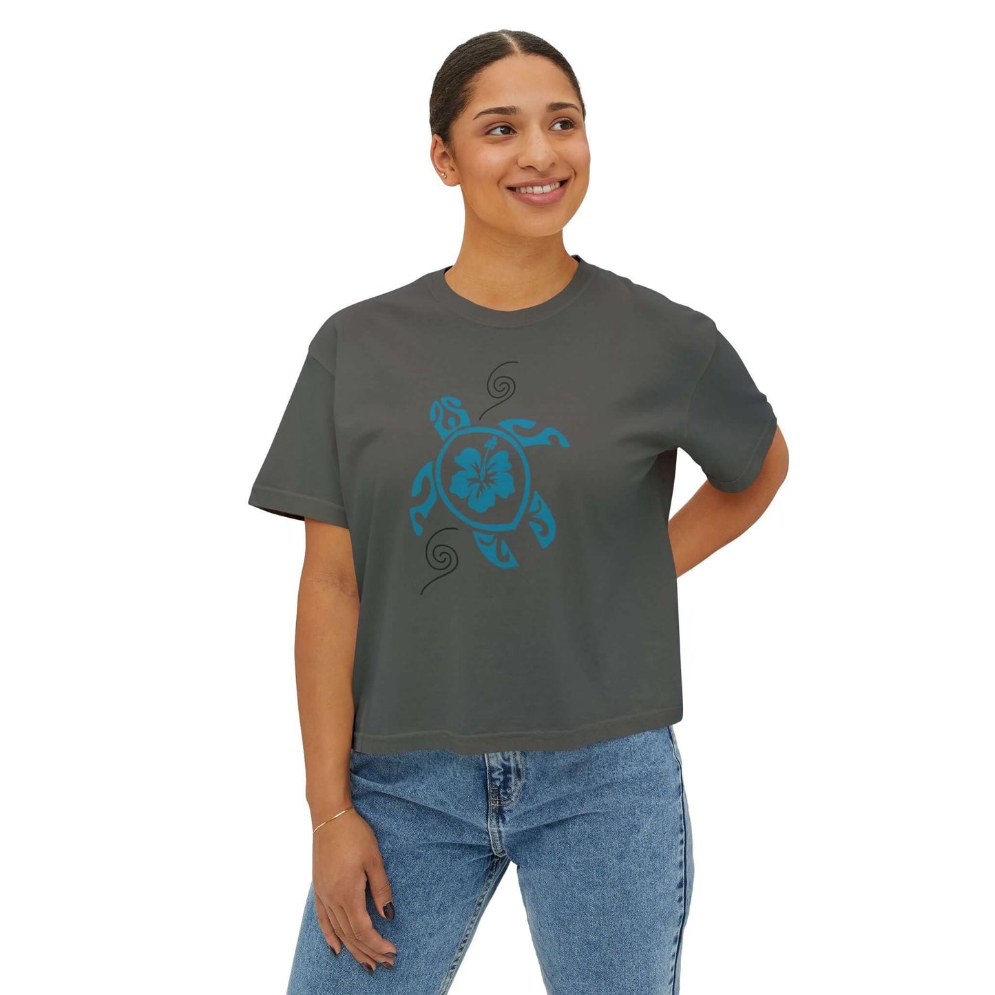 Tropical Turtle Graphic Boxy Tee for women in charcoal, featuring a turtle design, perfect for beach lovers.