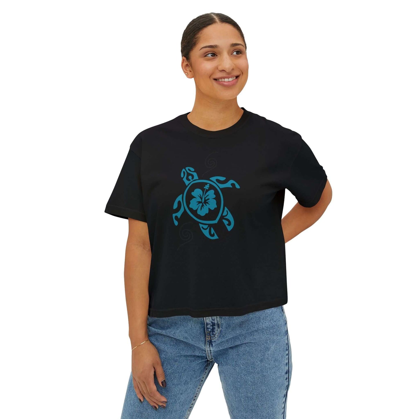Tropical Turtle Graphic Boxy Tee in black; relaxed fit, vibrant turtle design, perfect for beach lovers.