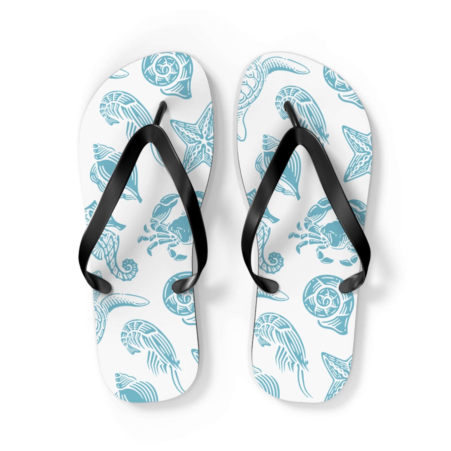 Turtle Beachy Flip Flops with nautical sea turtle and shell print, perfect for summer beach strolls.