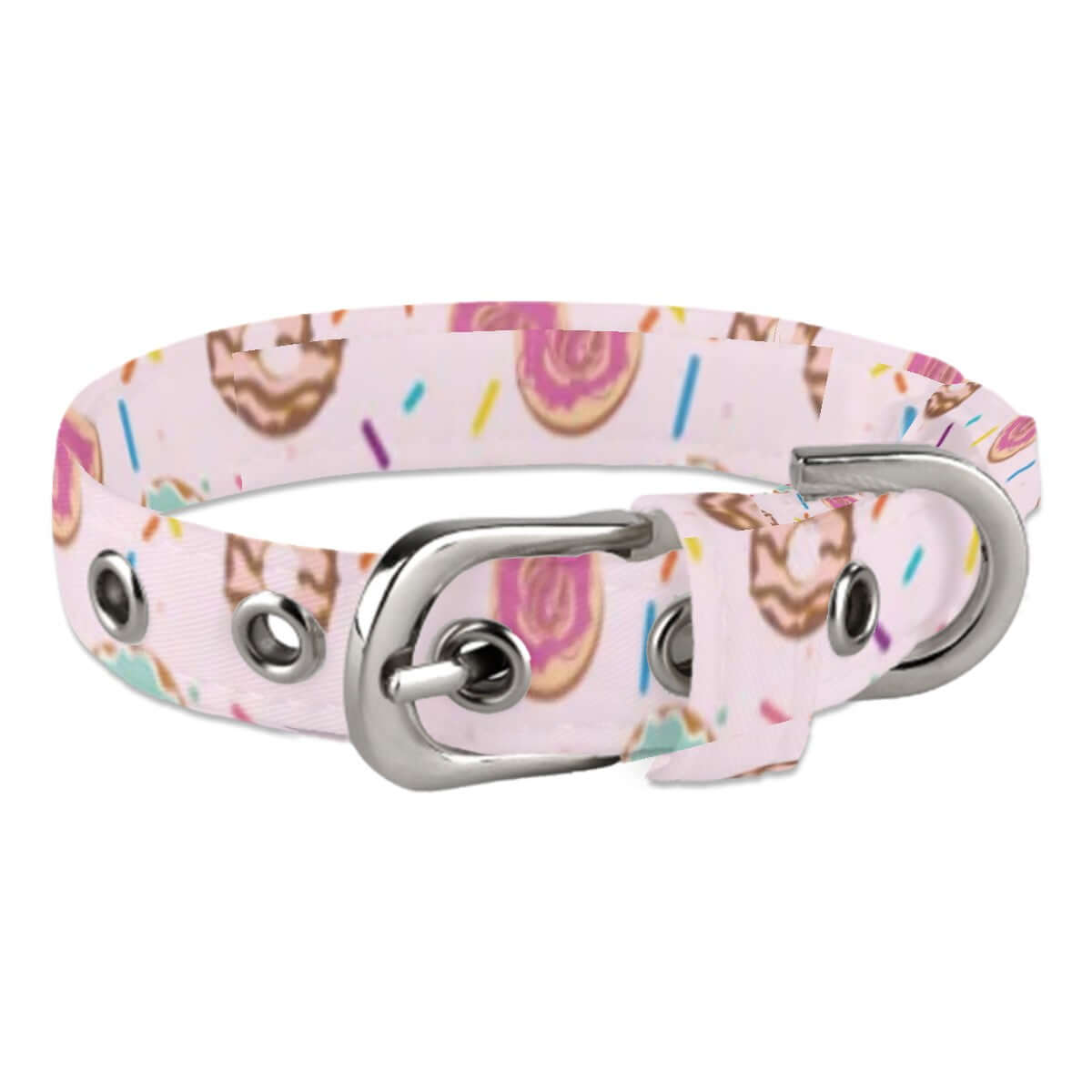Pink donut sprinkle polyester collar for small/medium dogs and cats, adjustable and stylish for comfort.