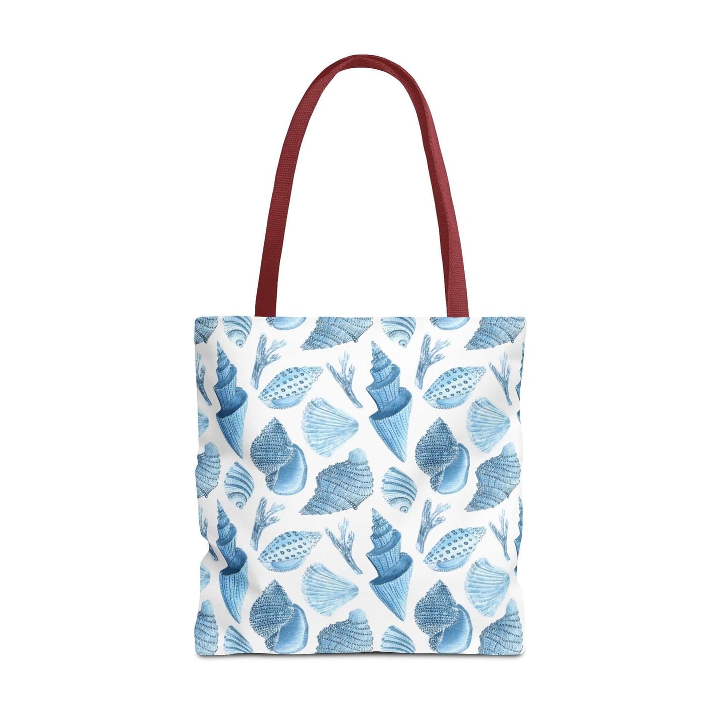 Beachy tote bag with ocean seashells print and maroon handles, perfect for eco-friendly outings.