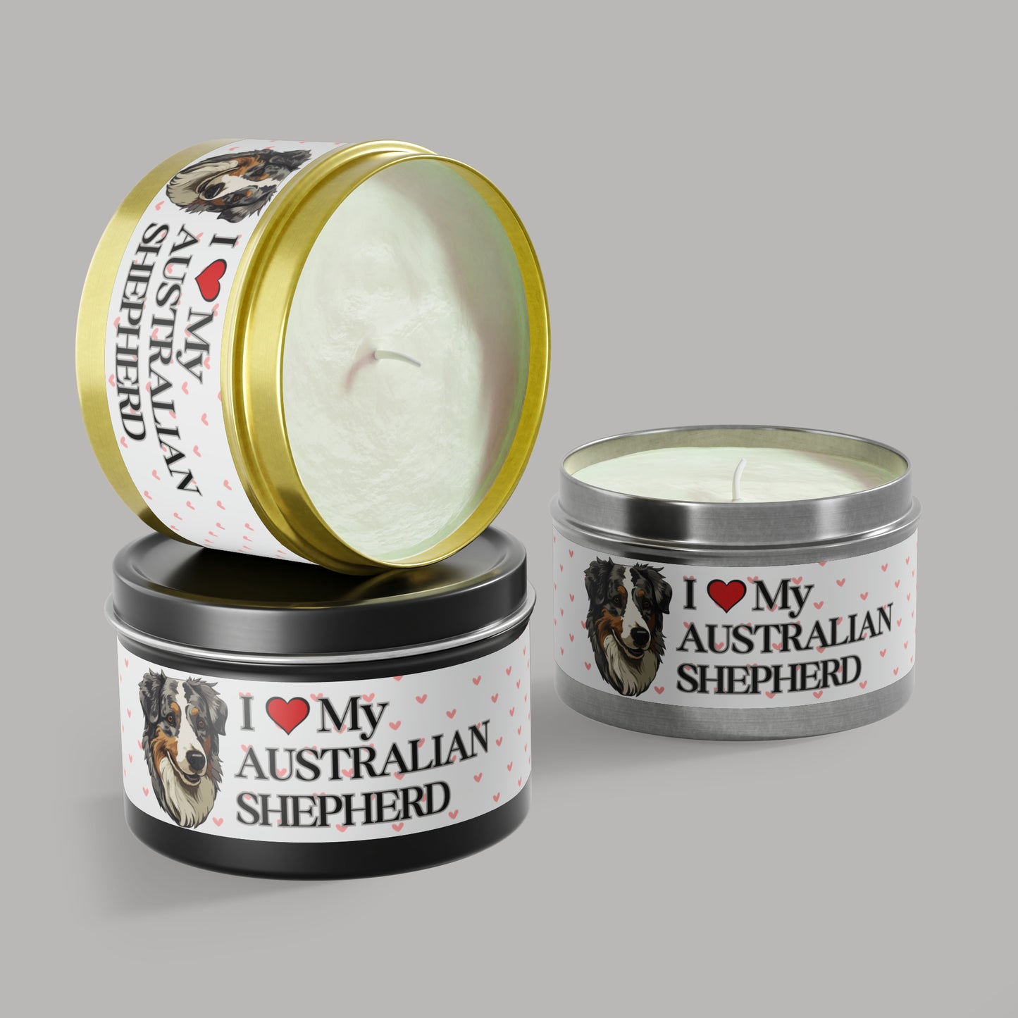 "I Love My Australian Shepherd" Valentine's Day Tin Candles, Australian Shepherd Candle, Australian Shepherd Dog Candles, Dog Love Candle - Love & Paws Collection