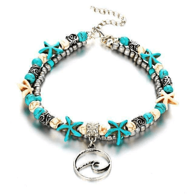 Ocean theme anklet with silver wave charm, turquoise beads, and starfish, perfect for beach lovers.