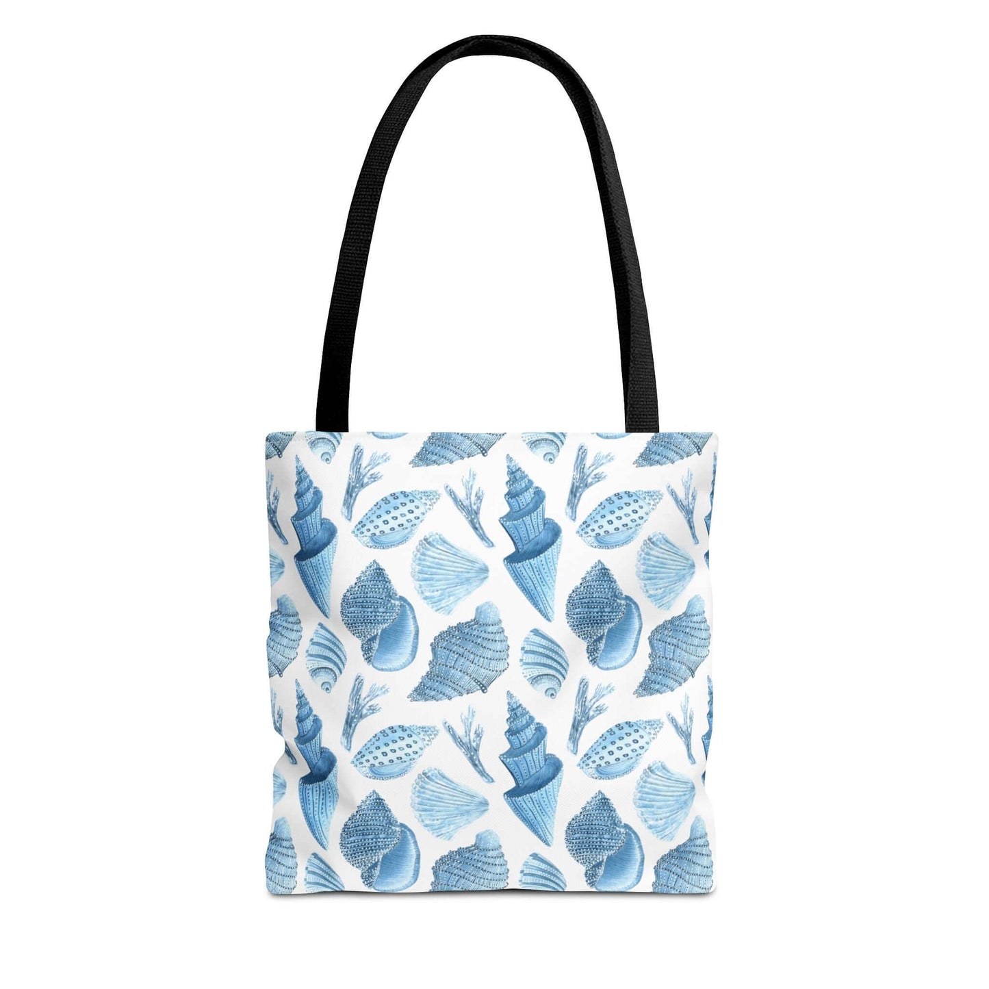 Beachy tote bag featuring a charming ocean seashells print, perfect for eco-friendly shopping and beach outings.
