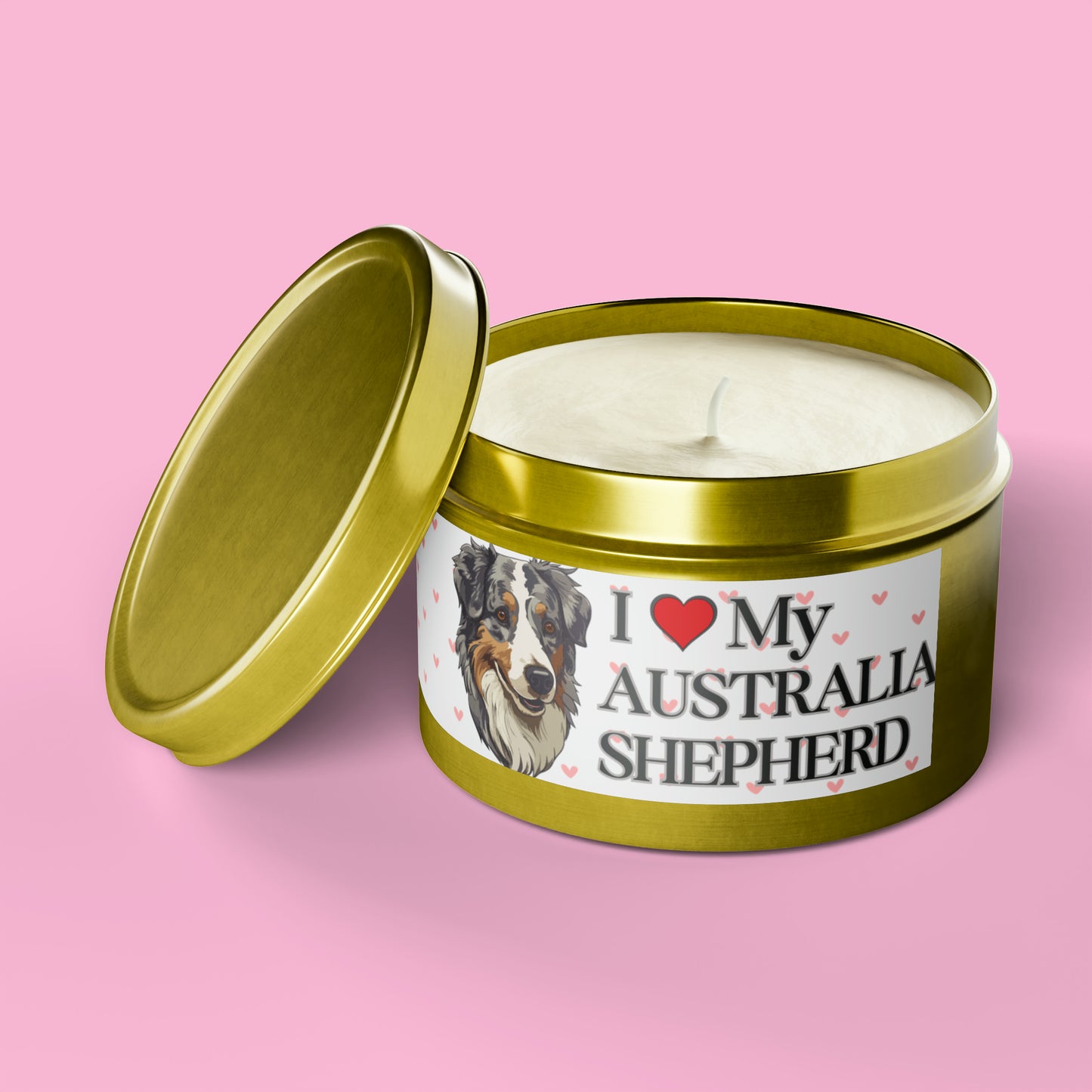 "I Love My Australian Shepherd" Valentine's Day Tin Candles, Australian Shepherd Candle, Australian Shepherd Dog Candles, Dog Love Candle - Love & Paws Collection
