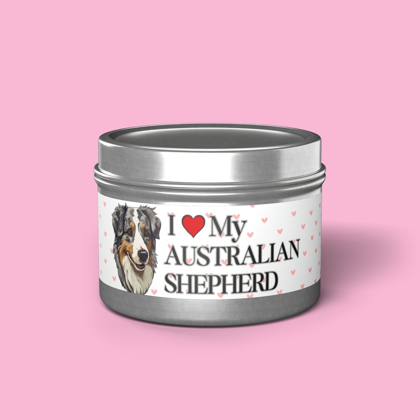 "I Love My Australian Shepherd" Valentine's Day Tin Candles, Australian Shepherd Candle, Australian Shepherd Dog Candles, Dog Love Candle - Love & Paws Collection