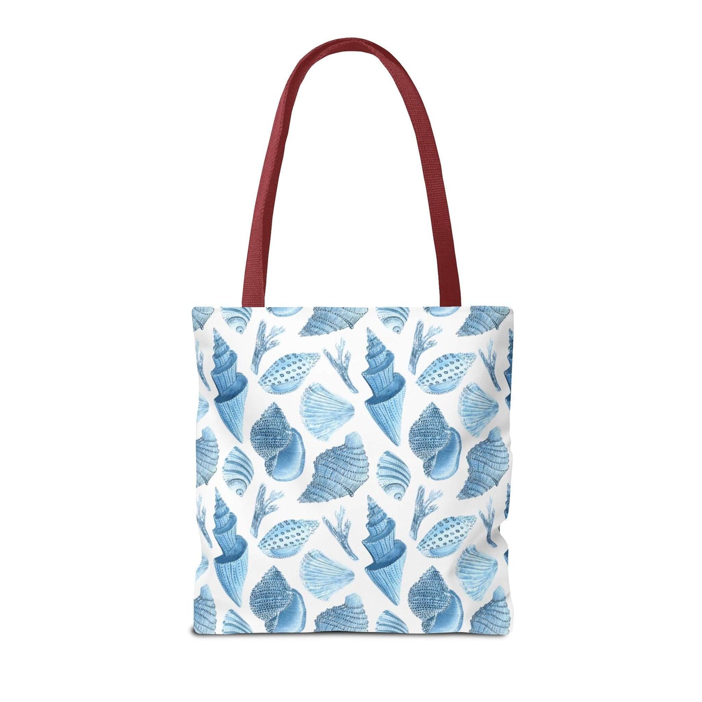 Beachy tote bag with ocean seashells print, eco-friendly and reusable, perfect for beach outings and shopping.