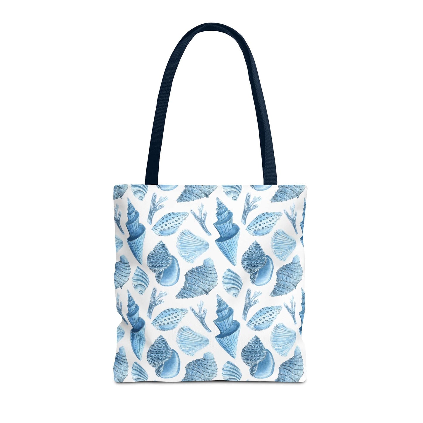 Stylish eco-friendly tote bag featuring whimsical ocean seashells print, perfect for beach outings and shopping.