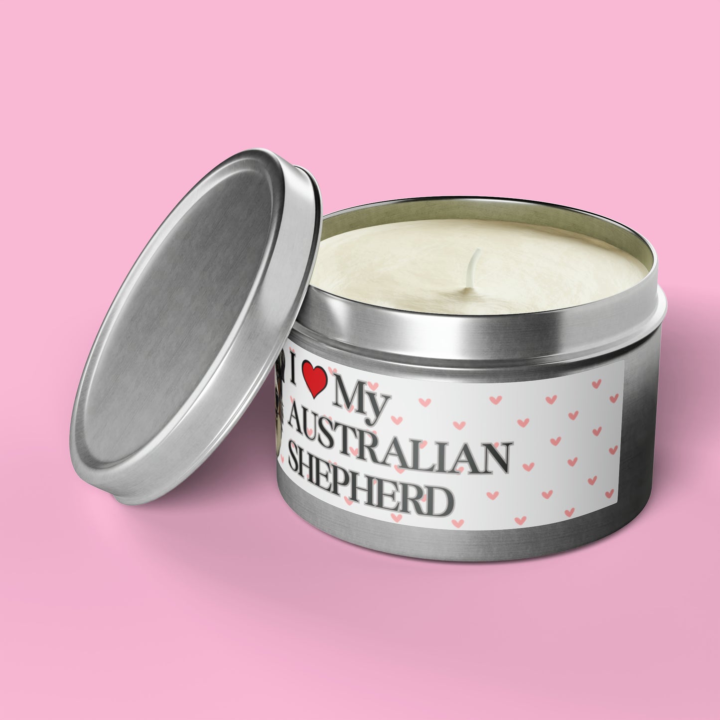 "I Love My Australian Shepherd" Valentine's Day Tin Candles, Australian Shepherd Candle, Australian Shepherd Dog Candles, Dog Love Candle - Love & Paws Collection