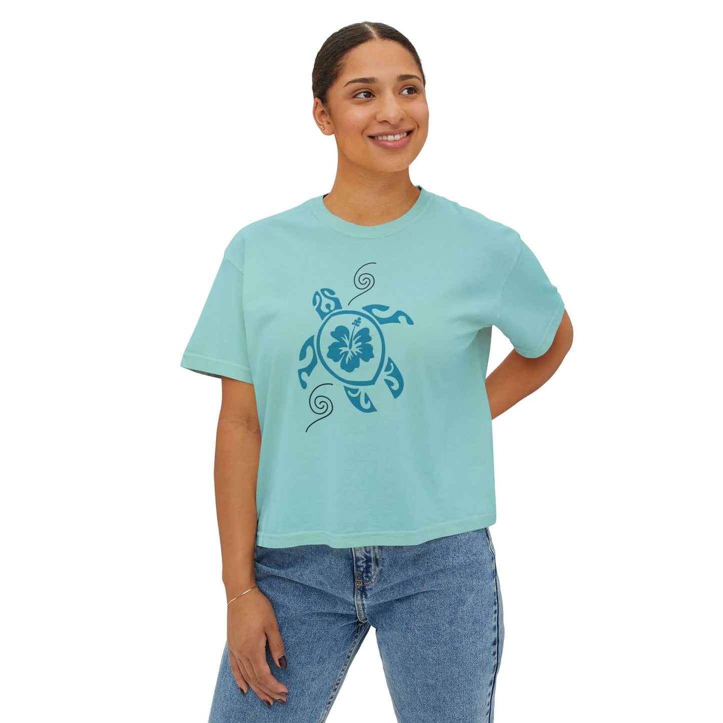 Tropical Turtle Graphic Boxy Tee in teal, featuring a turtle design, perfect for beach vibes and relaxed style.