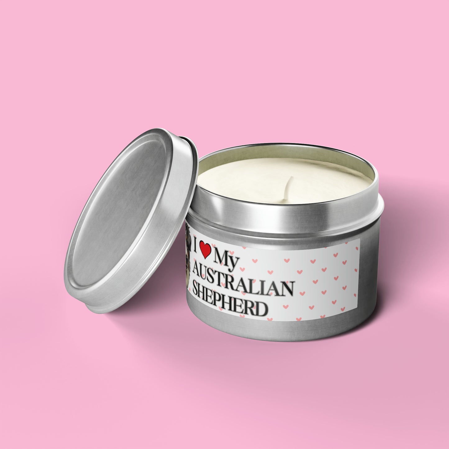 "I Love My Australian Shepherd" Valentine's Day Tin Candles, Australian Shepherd Candle, Australian Shepherd Dog Candles, Dog Love Candle - Love & Paws Collection