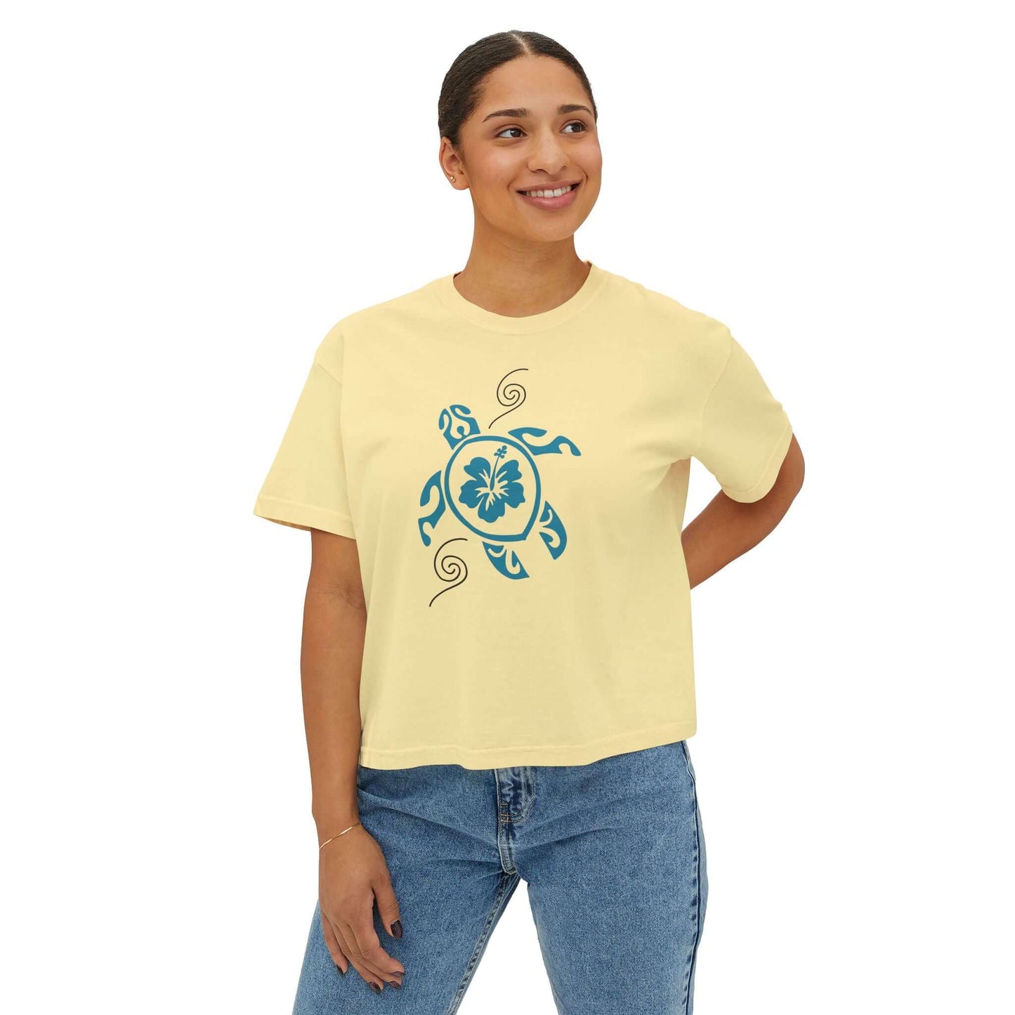 Tropical Turtle Graphic Boxy Tee in yellow, relaxed fit with turtle design, perfect for beach lovers and coastal adventures.
