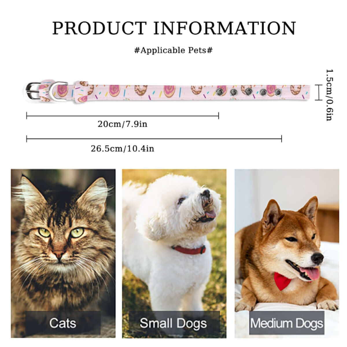 Product info for Pink Donut Sprinkle Collar, adjustable for cats and small/medium dogs, 10.4 inches long.