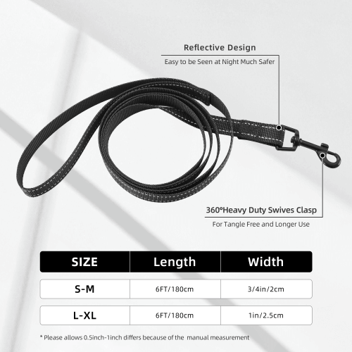Durable pet leash with reflective design, featuring a 360° swivel clasp for tangle-free walks in sizes S-M and L-XL.