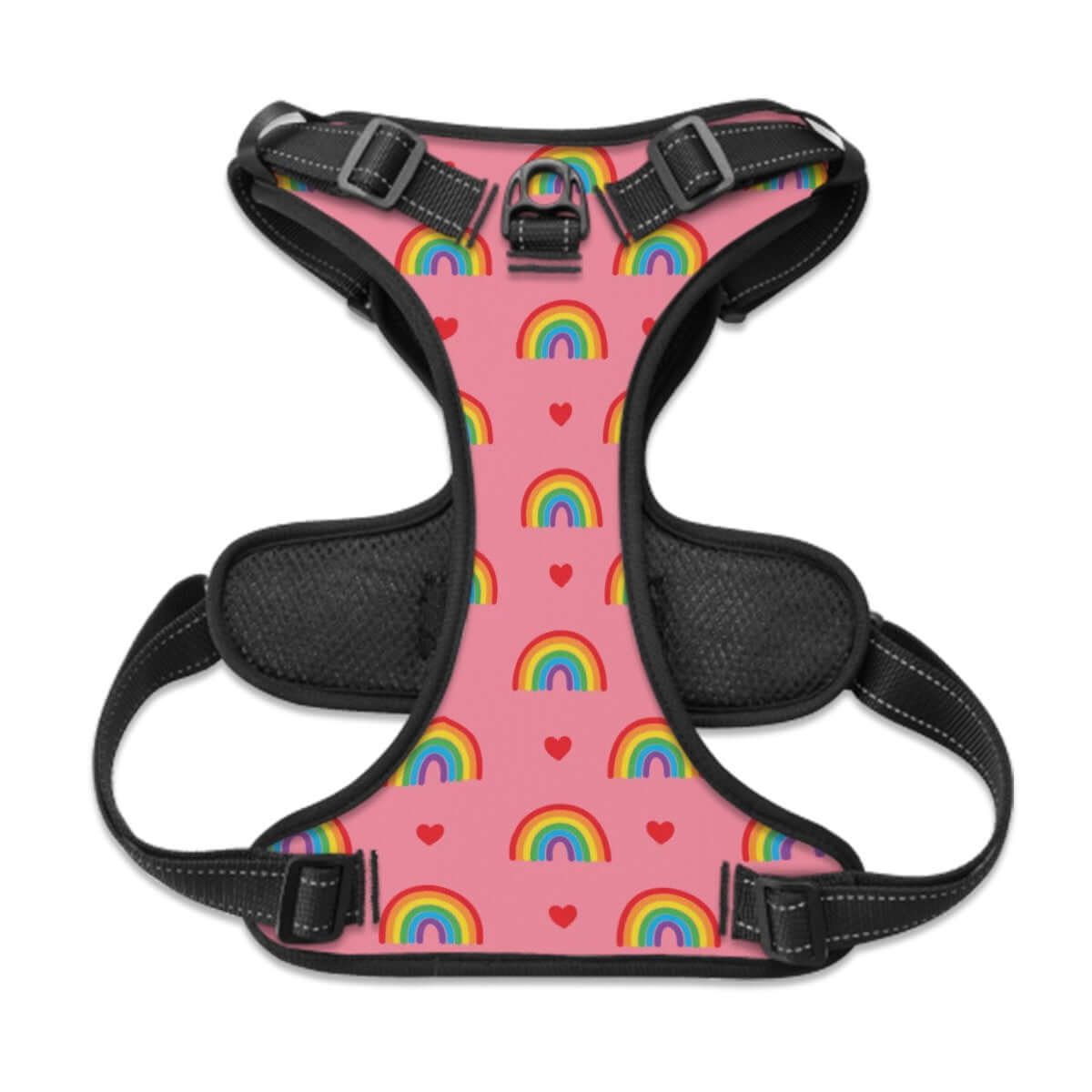 Colorful pink and rainbow pattern pet harness featuring adjustable straps and breathable mesh, perfect size S-XL for pride-loving pets.