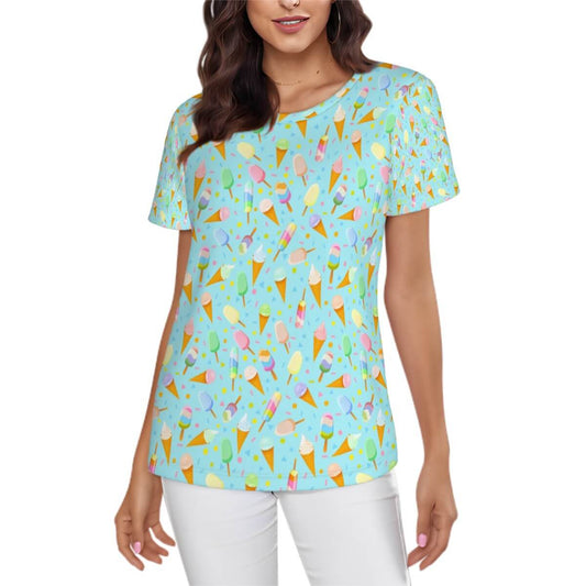 Mint ice cream graphic t-shirt for women featuring a fun ice cream print on a pastel mint background.