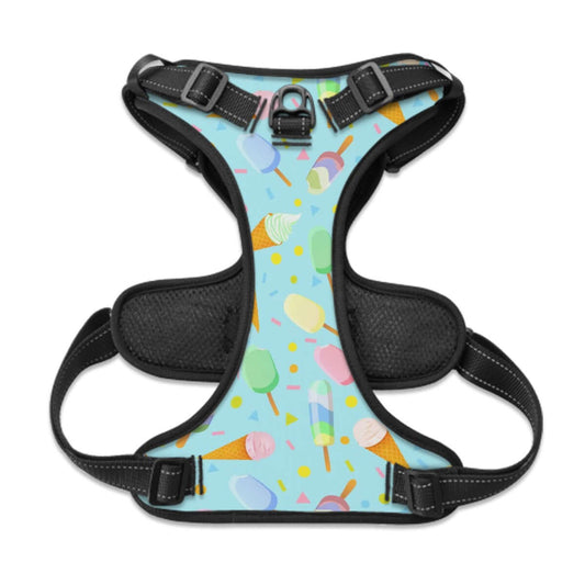 Mint ice cream pattern pet harness for dogs and cats, featuring breathable fabric and adjustable straps for all sizes.