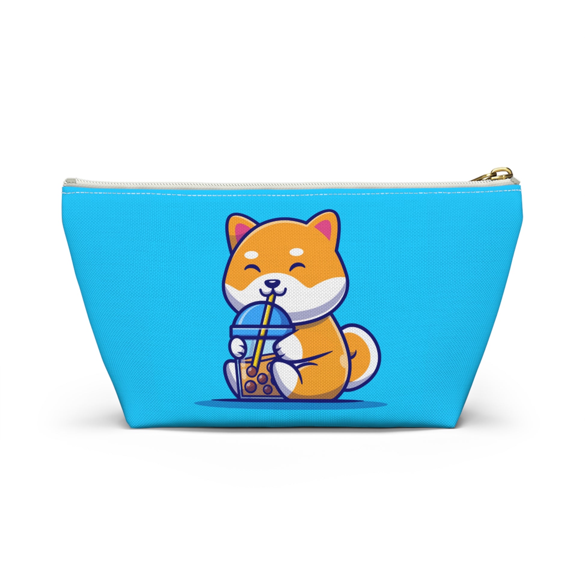 Small bag, Turquoise pouch with cute shiba inu drinking Boba design, white zipper