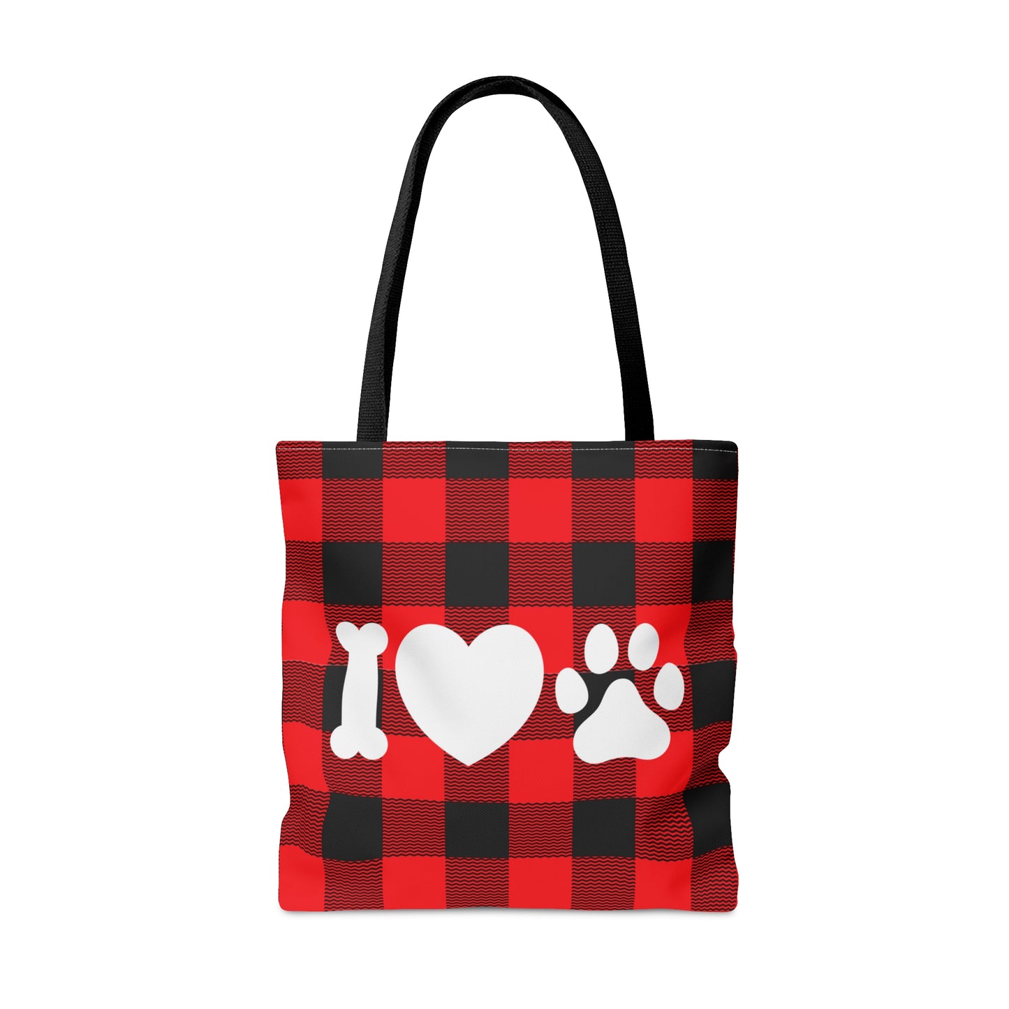 Buffalo Plaid Tote Bag with white font of I heart dog, the I is a dog bone, followed my heart symbol and then a dog paw print. 