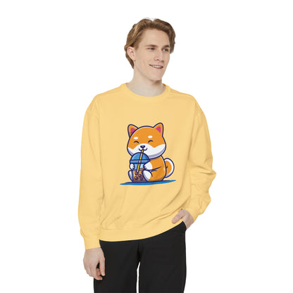 Cute Shiba Inu Drinking Boba Unisex Garment-Dyed Sweatshirt (S-XL)