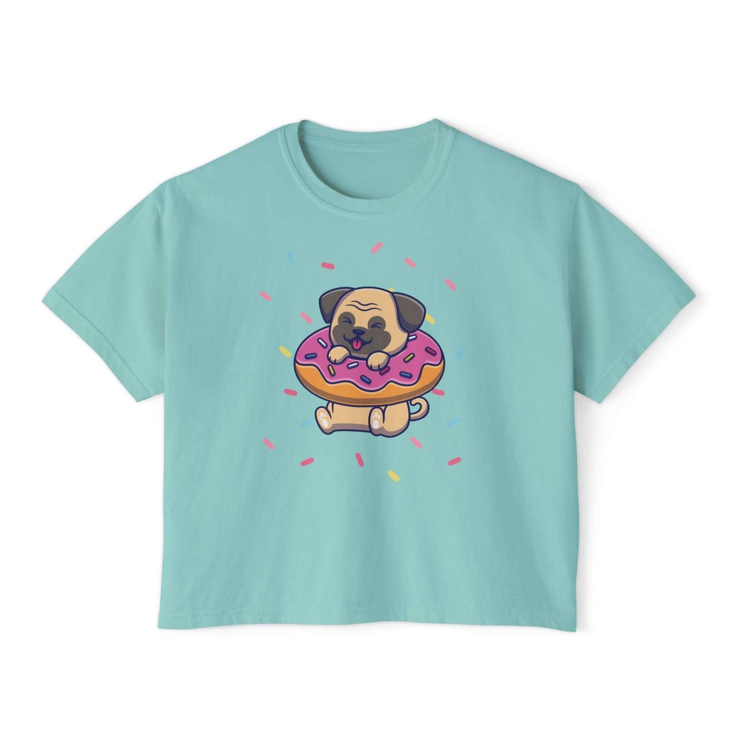 Playful pug graphic tee with donut and sprinkles, perfect for dog lovers and summer outings.