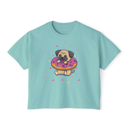 Playful pug graphic tee with donut and sprinkles, perfect for dog lovers and summer outings.