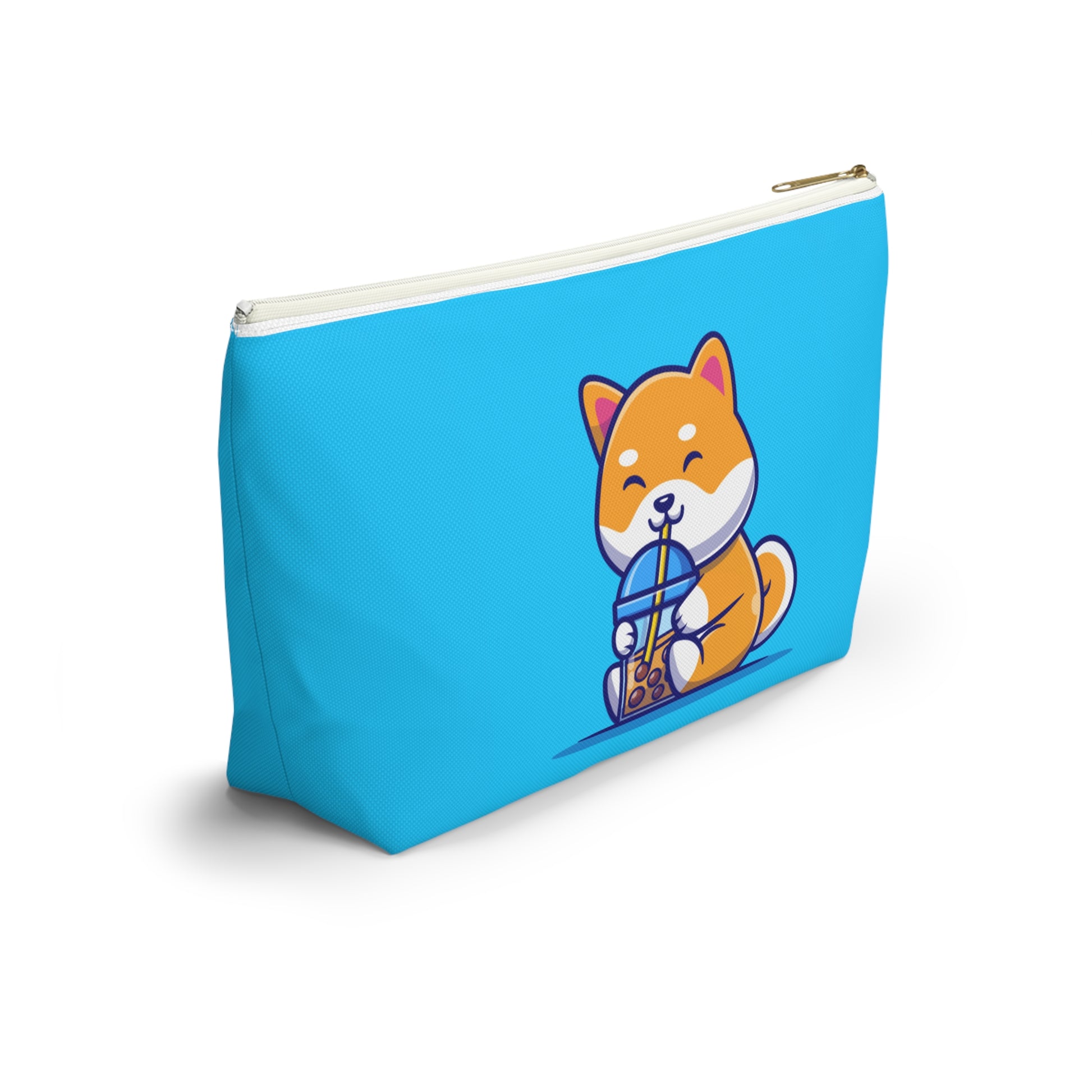 Additional side view of large pouch of Turquoise pouch with cute shiba inu drinking Boba design, white zipper